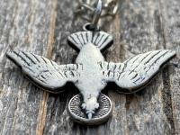 Silver Pewter Holy Spirit Dove Pendant Necklace, French Antique Replica, Antique Silver Holy Spirit Charm, Descending Dove Pendant Medal