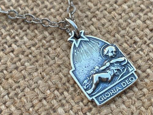 Sterling Silver Gloria Deo Medal, Baby Jesus in Manger Pendant, Antique Replica, Religious Christmas Necklace, Religious Christmas Jewelry