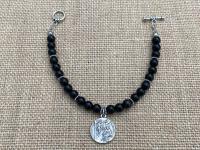 Sterling Silver St. Peregrine Laziosi Medal Charm, Black Obsidian Gemstone Bracelet, Patron Saint of Cancer, Saint Pellegrino St. Peregrinus