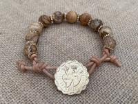 Gold Bracelet, Twin Hearts, Sacred Heart of Jesus, Immaculate Heart of Mary, Antique Replica Medal Button, Leather Bracelet, Picture Jasper
