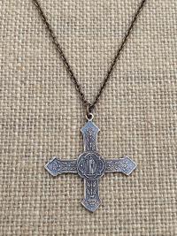 Rare Bronze Saint Benedict Cross Pendant, French Antique Replica, St Benedict Medal Necklace, 19th Century France, Ordo Sancti Benedicti OSB