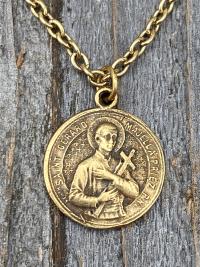 Antiqued Gold Saint Gerard Majella Medal Necklace, French artist Penin, Antique Replica, Patron Saint of Expectant Mothers, of Fertility