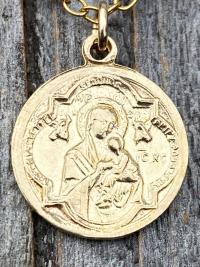 Gold St Gerard Majella Medal on Box Chain Necklace, French Antique Reproduction, Patron Saint of Expectant Mothers and Saint of Fertility