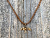 Bronze Holy Spirit Flying Dove Pendant on Suede Lace Leather, Antique Replica, Adjustable Bronze Slider Bead, Adjustable Length Necklace