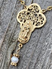 Gold Our Lady of Guadalupe Necklace with a Freshwater White Pearl Dangle, Antique Replica, Nuestra Señora de Guadalupe, Virgin of Guadalupe