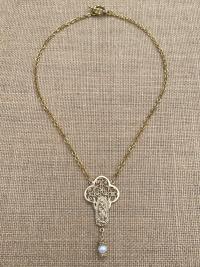 Gold Our Lady of Guadalupe Necklace with a Freshwater White Pearl Dangle, Antique Replica, Nuestra Señora de Guadalupe, Virgin of Guadalupe