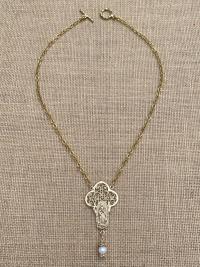 Gold Our Lady of Guadalupe Necklace with a Freshwater White Pearl Dangle, Antique Replica, Nuestra Señora de Guadalupe, Virgin of Guadalupe