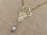 Gold Our Lady of Guadalupe Necklace with a Freshwater White Pearl Dangle, Antique Replica, Nuestra Señora de Guadalupe, Virgin of Guadalupe