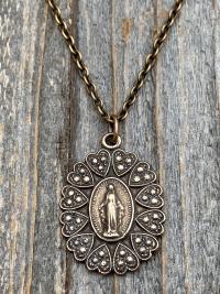 Bronze Miraculous Medal Pendant Necklace, Heart Border, Antique Replica, Blessed Virgin Mary Medallion, Immaculate Virgin Mary Pendant, MM5