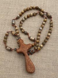 Large Rosary, Australian Lacewood Comfort Cross, Palm Cross, Bronze Beads, Picture Jasper Gemstones, Oversized Rosary, Wall Rosary, Heirloom