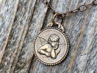 Bronze Dainty Angel Medal Pendant Necklace, French Antique Replica, Signed by artist Brandt, Putti Medallion Charm Pendant from France