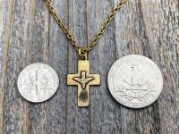 Antique Gold Small Descending Holy Spirit Cross Pendant Necklace, Antique Replica, Descending Dove, Holy Ghost Medal Veni Sancte Spiritus C1