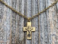 Antique Gold Small Descending Holy Spirit Cross Pendant Necklace, Antique Replica, Descending Dove, Holy Ghost Medal Veni Sancte Spiritus C1