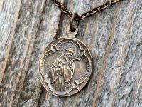 Bronze Saint Anthony of Padua Medallion & Necklace, Antique Replica of Rare French Latin Medal, Two-Sided Pendant with St Francis of Assisi