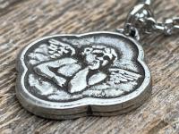 Antiqued Pewter Angel Pendant on Necklace, Reproduction French Antique Medallion, Quatrefoil Shaped Antique Replica Cherub Putti from France