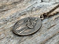 Bronze Saint Martin of Porres Medallion Pendant Necklace, Antique Replica, Oval 2-sided Martinus de Porres & Queen of the Holy Rosary Medal