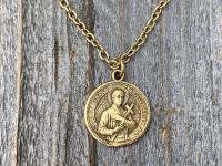 Antiqued Gold Saint Gerard Majella Medal Necklace, French artist Penin, Antique Replica, Patron Saint of Expectant Mothers, of Fertility