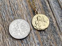 Fertility Saint Colette of Corbie Small Gold Antique Replica Medal and Necklace, By French Artists Penin & Karo, 2-sided Medallion Charm