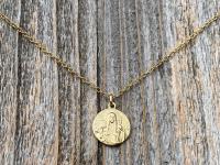 Fertility Saint Colette of Corbie Small Gold Antique Replica Medal and Necklace, By French Artists Penin & Karo, 2-sided Medallion Charm