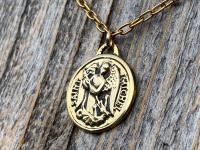 Antiqued Shiny Gold St Michael Medallion Necklace, Antique Replica French Saint Michael the Archangel, Saint Michel from France, By PCH