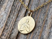 Fertility Saint Colette of Corbie Small Gold Antique Replica Medal and Necklace, By French Artists Penin & Karo, 2-sided Medallion Charm