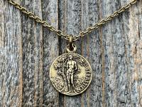 Antiqued Gold Saint Sebastian Medal Necklace, Patron Saint Athletes Soldiers, Antique Replica of Rare French St Sebastien Medallion Pendant