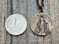 Bronze Large French Miraculous Medal, Antique Replica, Big Round Miraculous Medal, Bronze Miraculous Pendant Necklace, by OBC, from France