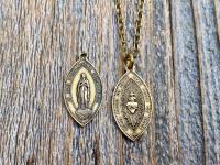 Antique Gold Immaculate Conception & Sacred Heart of Jesus French Antique Replica Medallion, Our Lady of Lourdes, Signed Penin Lyon France