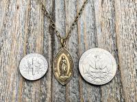 Antique Gold Immaculate Conception & Sacred Heart of Jesus French Antique Replica Medallion, Our Lady of Lourdes, Signed Penin Lyon France