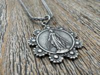 Sterling Silver Our Lady of the Rosary Antique Replica Pendant and Necklace, Notre-Dame-Du-Cap Medal, Our Lady of the Cape Shrine Notre Dame