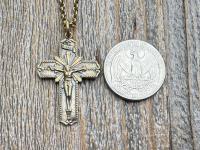 Antiqued Gold Radiant Crucifix Cross, Pendant Necklace, Antique Replica Crucifix, Jesus with Extending Rays, Our Lord Jesus Christ Medallion