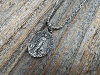 Sterling Silver Oval French Miraculous Medal Pendant, Antique Replica of Rare Adolph Penin Signed Miraculous Medallion from France, Antiqued
