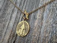 Antiqued Gold Large Miraculous Medal Front Toggle Clasp Necklace, Antique Reproduction Pendant, Signed by Balme, Medallion from France MM1