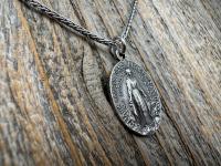 Sterling Silver Oval French Miraculous Medal Pendant, Antique Replica of Rare Adolph Penin Signed Miraculous Medallion from France, Antiqued