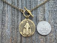 Antiqued Gold Large Miraculous Medal Front Toggle Clasp Necklace, Antique Reproduction Pendant, Signed by Balme, Medallion from France MM1