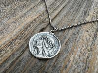 Sterling Silver Jesus Christ Pendant Medallion, Our Lord with Crown of Thorns, French Antique Replica Medal, Artists Augis & Mazzoni France