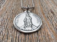 Shiny Oxidized Sterling Silver St. Dymphna Medallion, Antique Replica Medal Pendant, Saint of Anxiety, Mental Illness, Chain Necklace Option