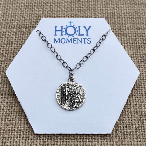 Sterling Silver St. Peregrine Laziosi (Patron Saint of Cancer Patients) Medal Necklace Reversible Sorrowful Mary Peregrinus Pellegrino