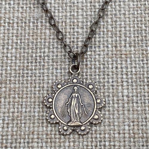 Bronze, Our Lady of the Rosary, Medal Pendant Necklace, Antique Replica, Notre-Dame-Du-Cap Quebec, Our Lady of the Cape Shrine, Immaculata