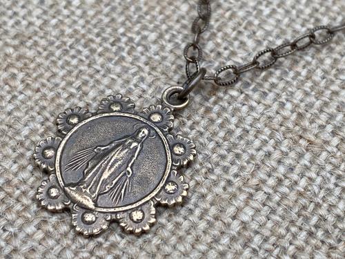Bronze, Our Lady of the Rosary, Medal Pendant Necklace, Antique Replica, Notre-Dame-Du-Cap Quebec, Our Lady of the Cape Shrine, Immaculata