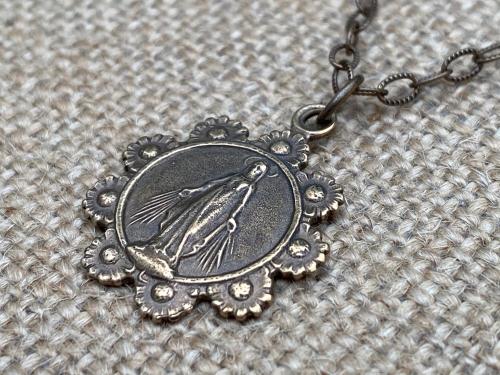Bronze, Our Lady of the Rosary, Medal Pendant Necklace, Antique Replica, Notre-Dame-Du-Cap Quebec, Our Lady of the Cape Shrine, Immaculata