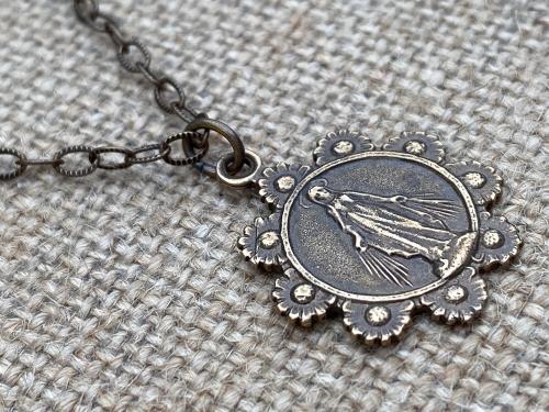 Bronze, Our Lady of the Rosary, Medal Pendant Necklace, Antique Replica, Notre-Dame-Du-Cap Quebec, Our Lady of the Cape Shrine, Immaculata