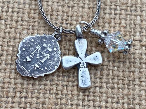 Sterling Silver Miraculous Medal Charm Cluster Pendant Necklace, Antique Replica, Dangling Cross, Swarovski Crystal, Blessed Virgin Mary MM3