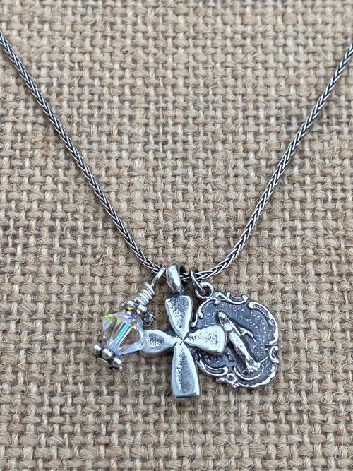 Sterling Silver Miraculous Medal Charm Cluster Pendant Necklace, Antique Replica, Dangling Cross, Swarovski Crystal, Blessed Virgin Mary MM3
