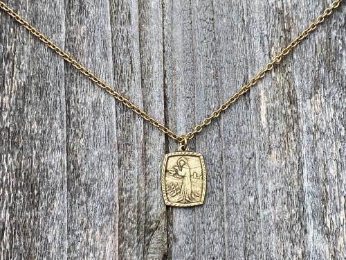 Antique Gold St. Francis of Assisi Blessing Prayer Medal Pendant Necklace Saint Catholic Italian Antique Replica Lord Bless You and Keep You
