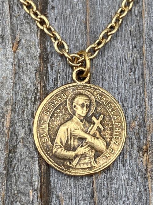 Antiqued Gold Saint Gerard Majella Medal Necklace, French artist Penin, Antique Replica, Patron Saint of Expectant Mothers, of Fertility