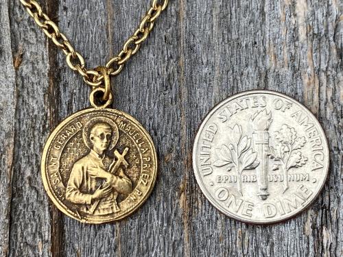 Antiqued Gold Saint Gerard Majella Medal Necklace, French artist Penin, Antique Replica, Patron Saint of Expectant Mothers, of Fertility