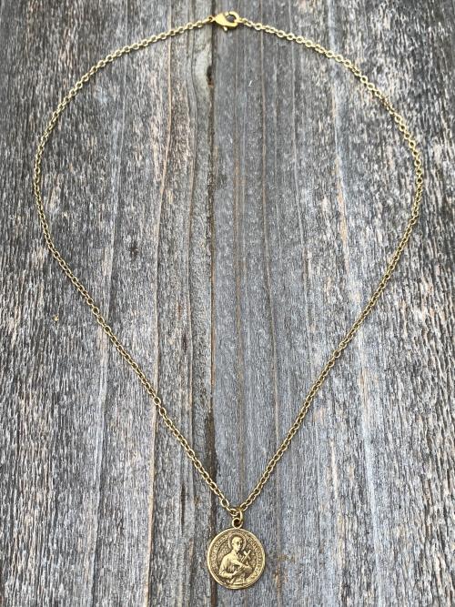 Antiqued Gold Saint Gerard Majella Medal Necklace, French artist Penin, Antique Replica, Patron Saint of Expectant Mothers, of Fertility