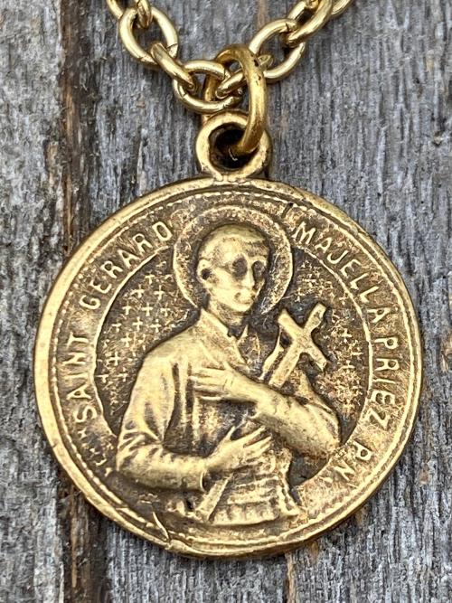 Antiqued Gold Saint Gerard Majella Medal Necklace, French artist Penin, Antique Replica, Patron Saint of Expectant Mothers, of Fertility