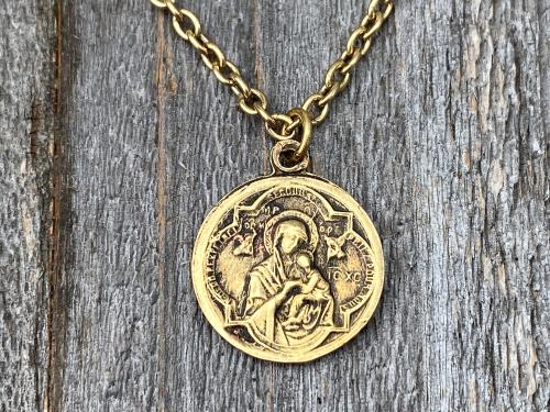 Antiqued Gold Saint Gerard Majella Medal Necklace, French artist Penin, Antique Replica, Patron Saint of Expectant Mothers, of Fertility